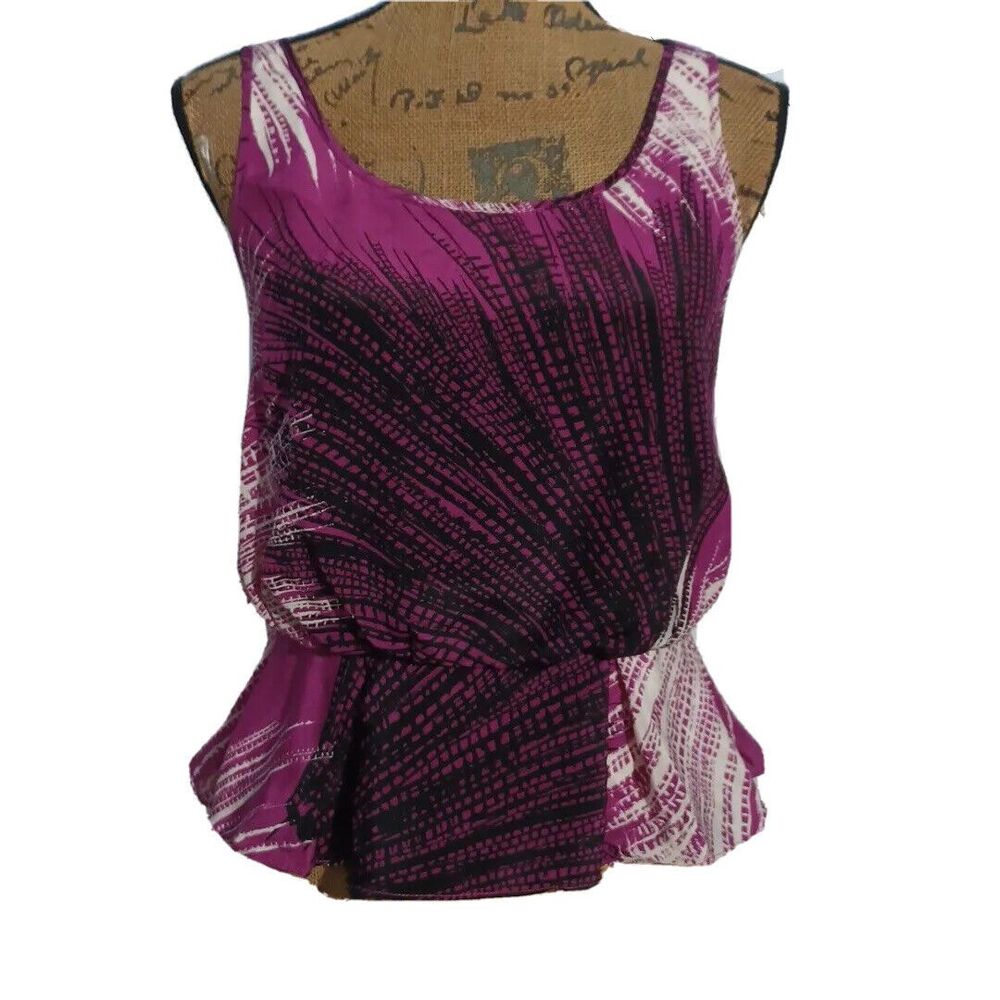 SARIAH Top SMALL Purple White Feather 100% Silk Peplum Blouse Anthropologie